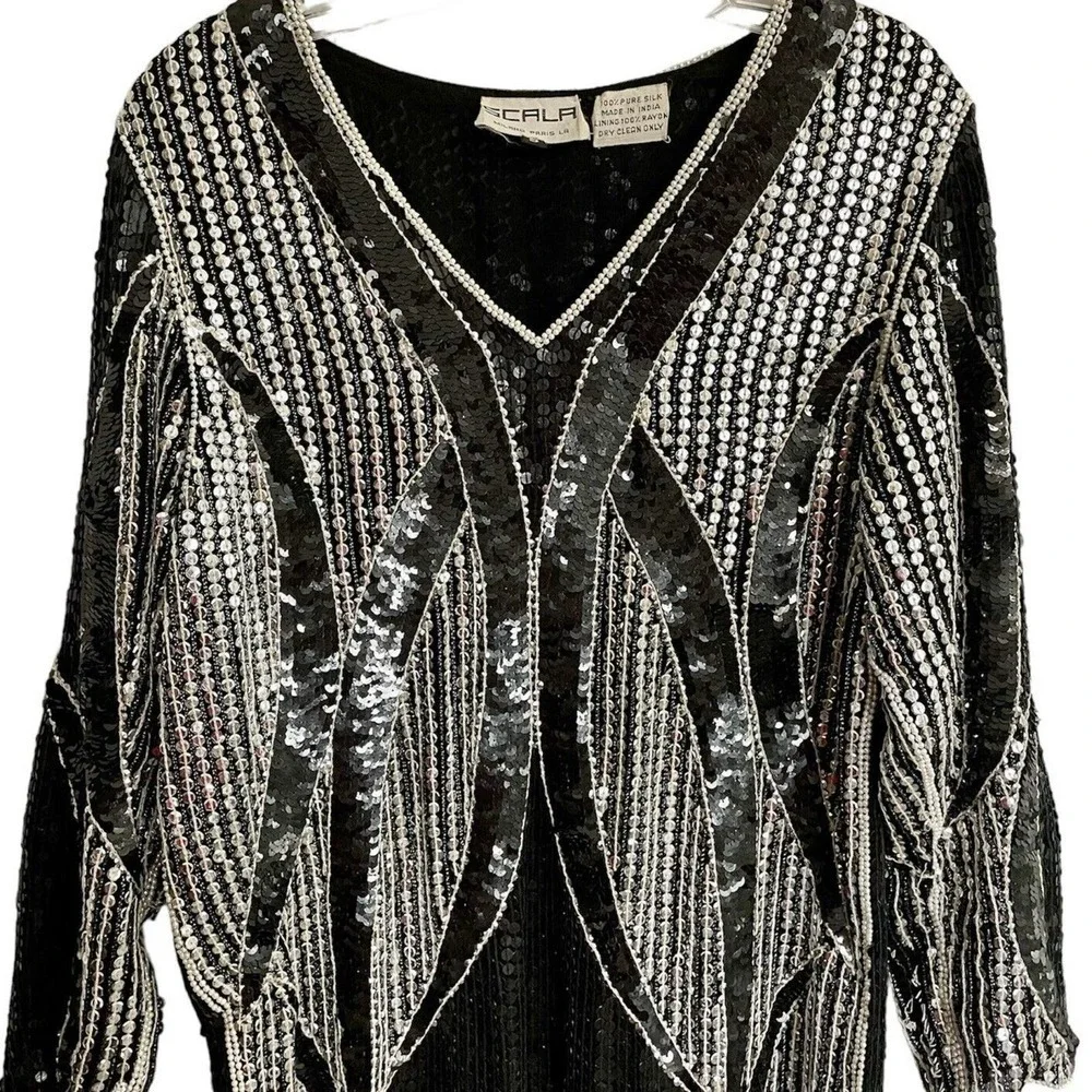 Vintage Scala Dress Size Small Black Silver Silk Sequin Evening Party Formal 80s - Picture 2 of 9